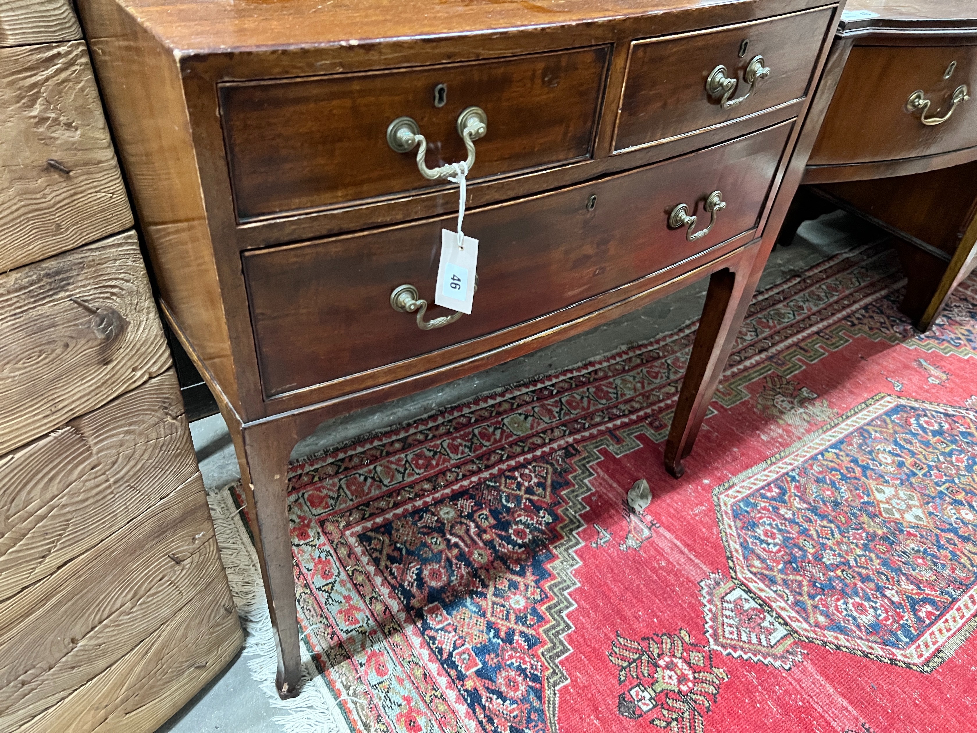 A small 1920's mahogany bowfront three drawer chest, width 71cm, depth 49cm, height 78cm *Please note the sale commences at 9am.